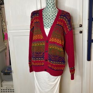 Vintage 80's Perry Ellis Cardigan Sweater Men's size M Red with Multicolored